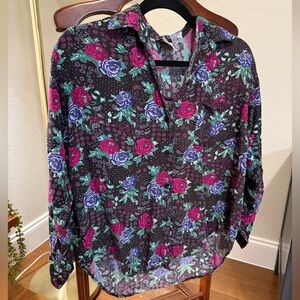 Vintage Kikomo 100% rayon floral blouse, brown, magenta & green